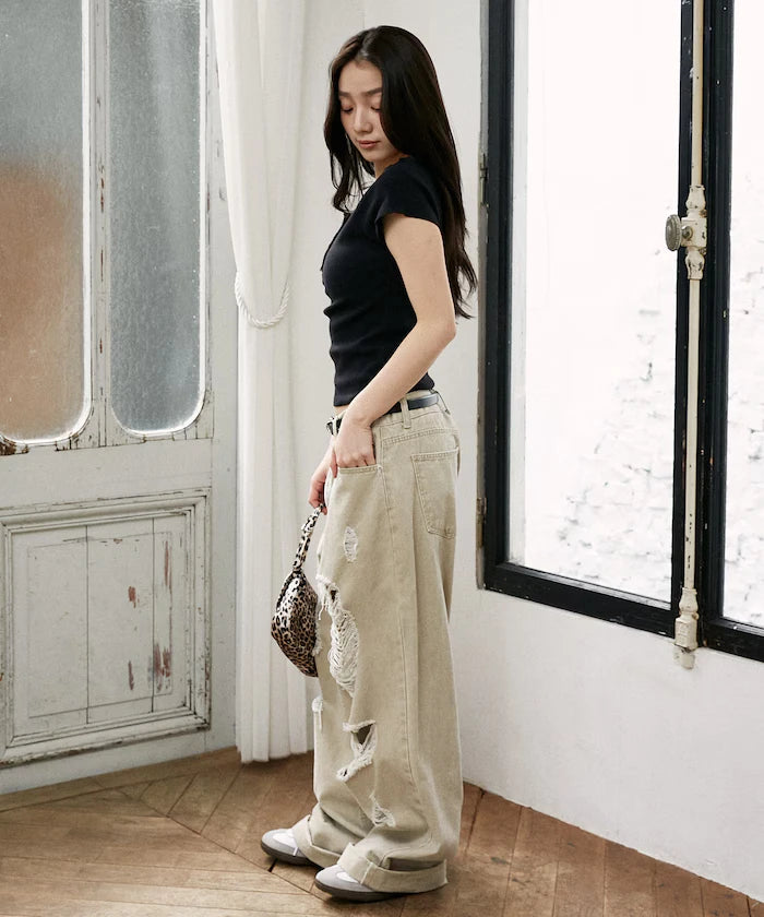 Collar Lace Contrast Henry Rib T-Shirt