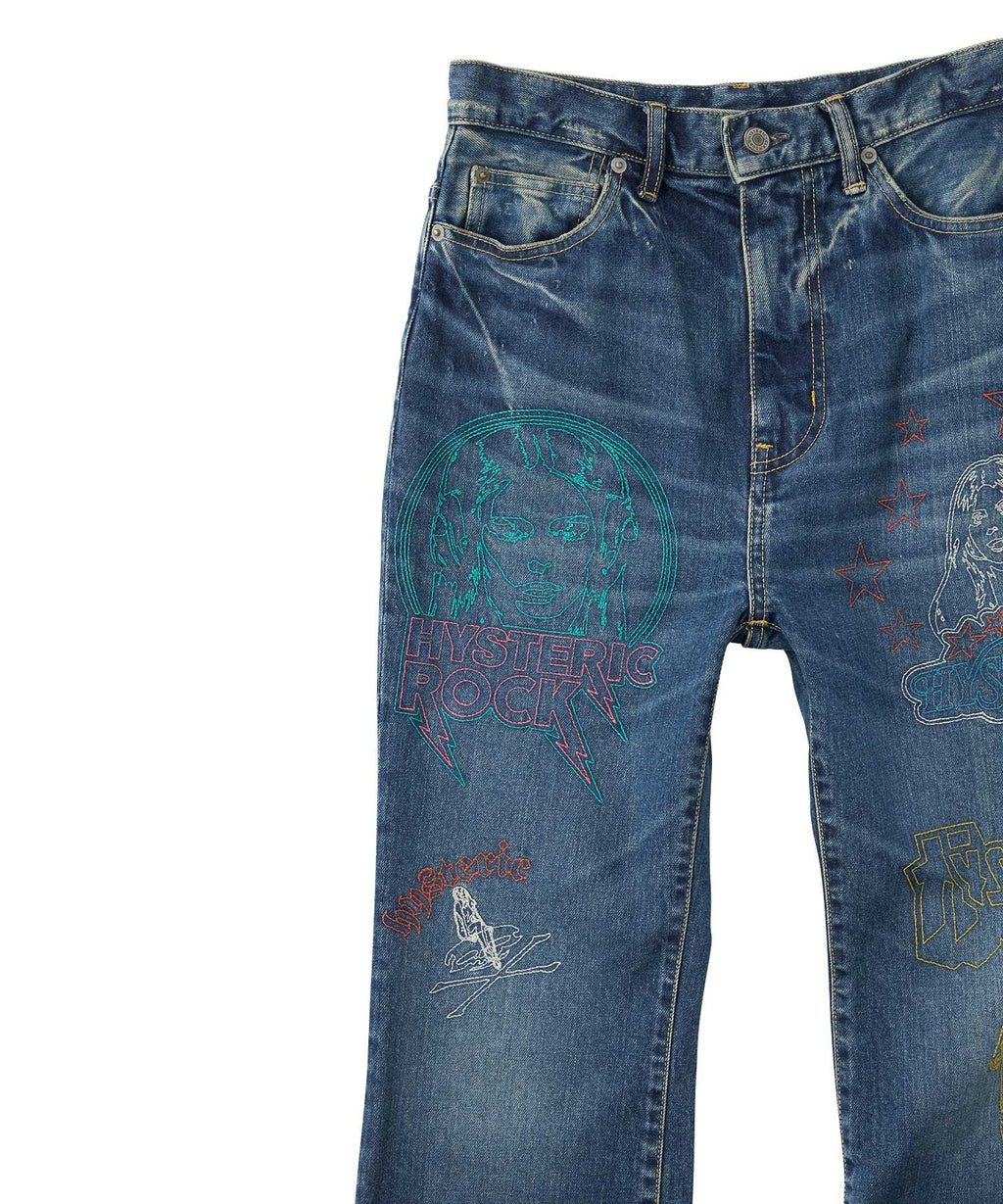 Hysteric Woman Scratch Stitch Embroidered Denim Flare Pants
