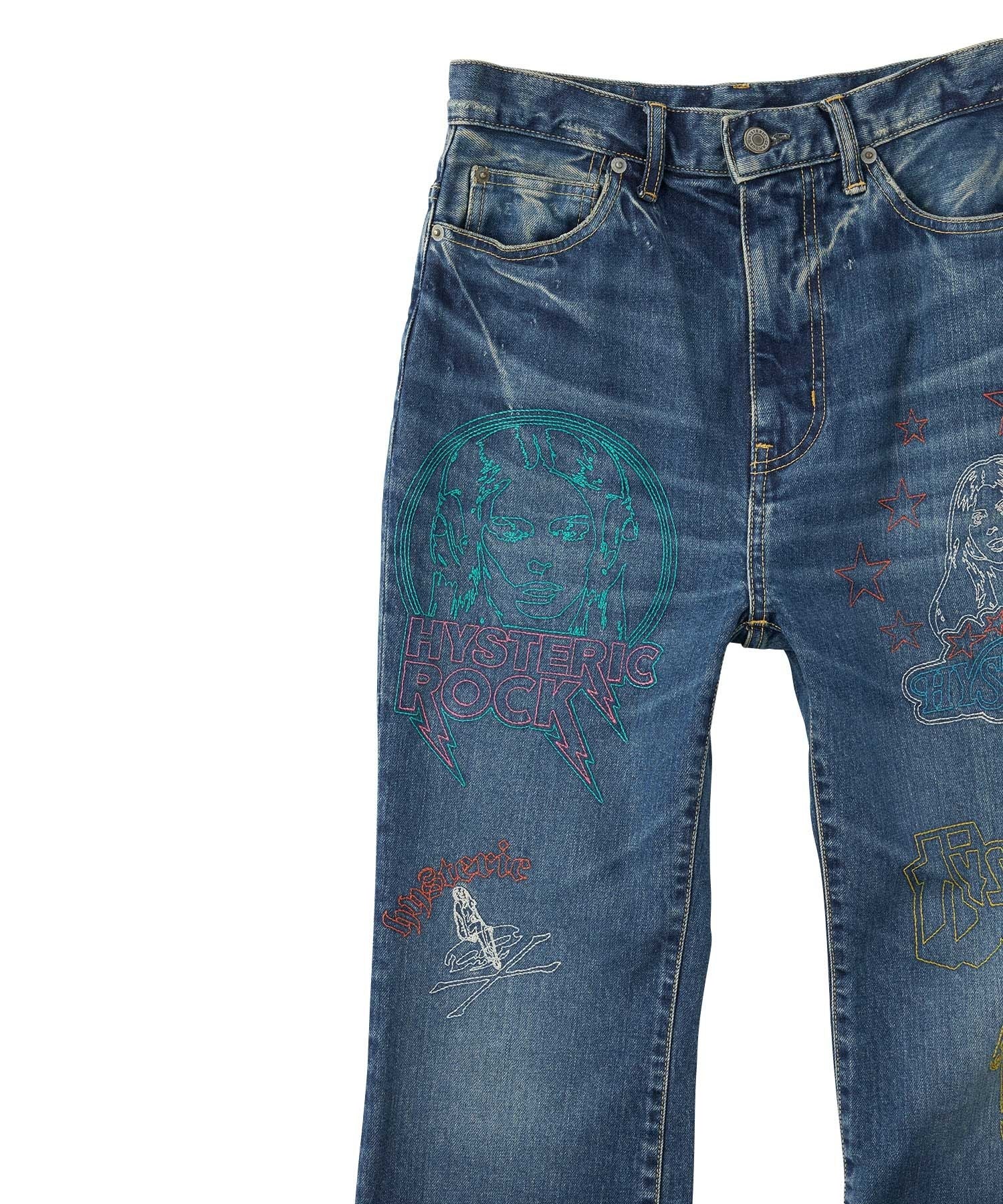 Hysteric Woman Scratch Stitch Embroidered Denim Flare Pants
