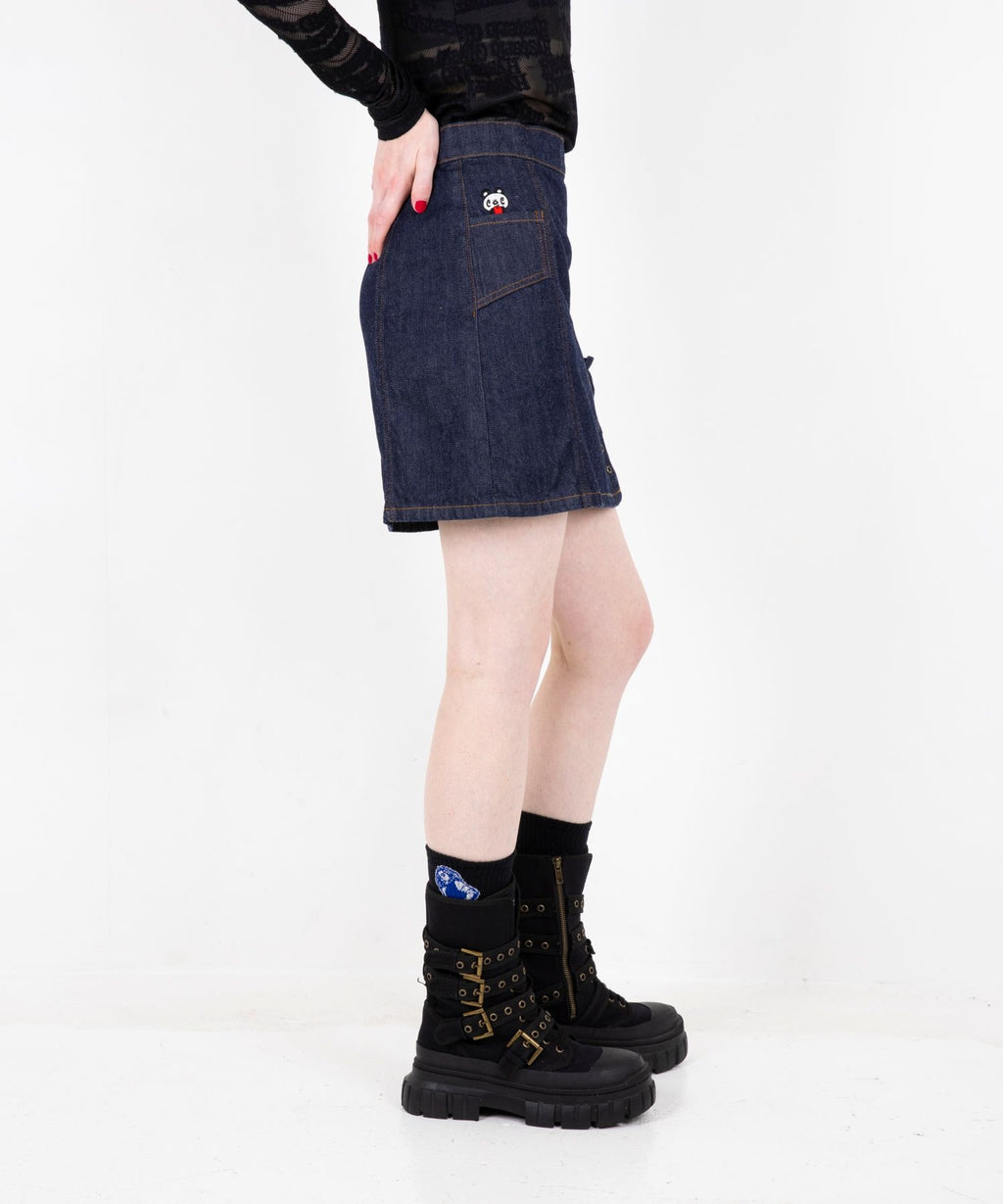 APPLE PANDA Embroidered Side Lace-Up Denim Mini Skirt