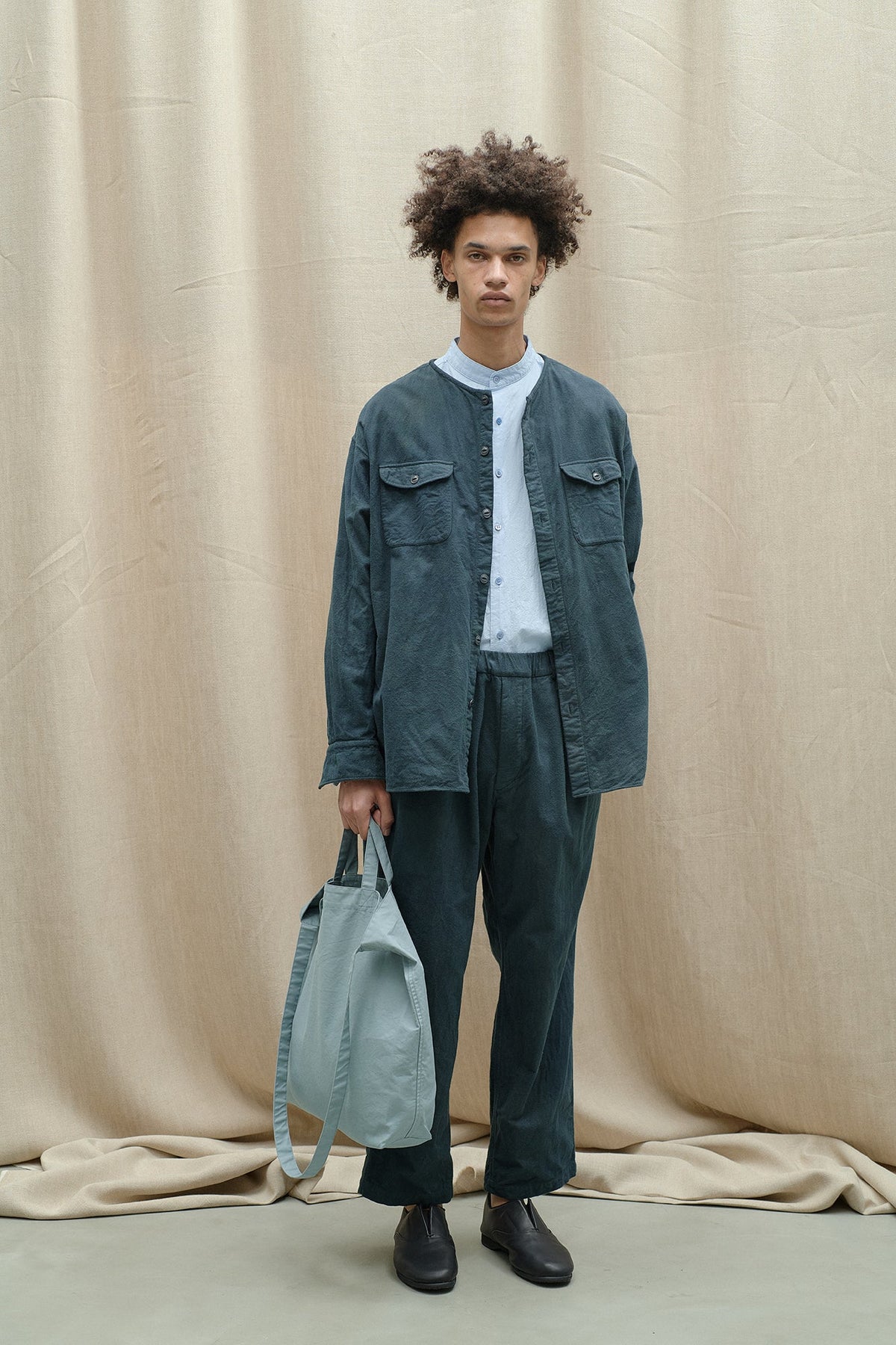 BRUSHED COTTON COLLARLESS SHIRT