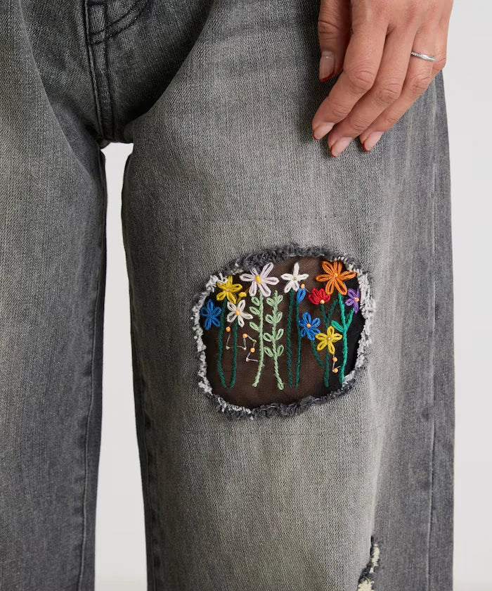 Flower Embroidery Wide Denim