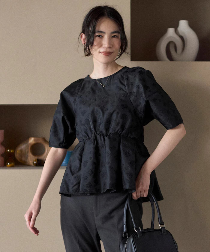 Flower Sheer Jacquard Volume Sleeve Peplum Blouse / 5 Minutes Sleeve
