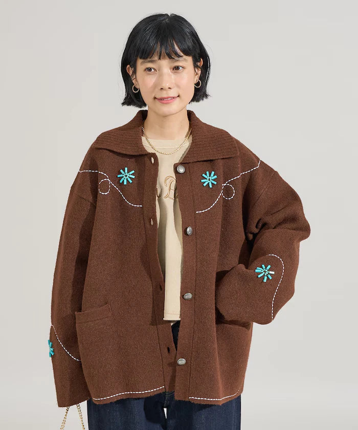 Western-Style Beaded Knit Cardigan
