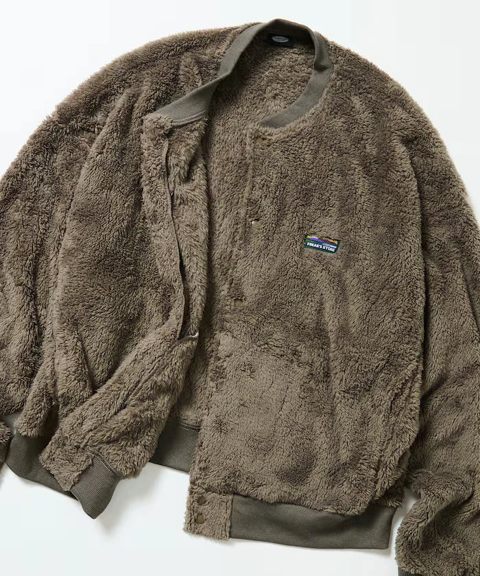 Relaxed Fit Shaggy Fleece Crew Neck Cardigan