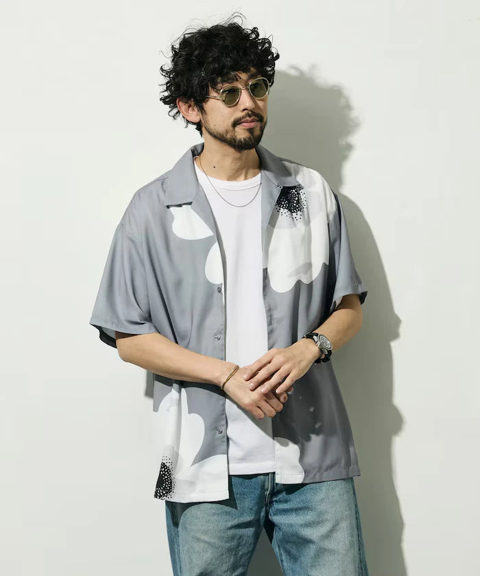 Open Collar Big Pattern Short Sleeve Shirt / Big Silhouette