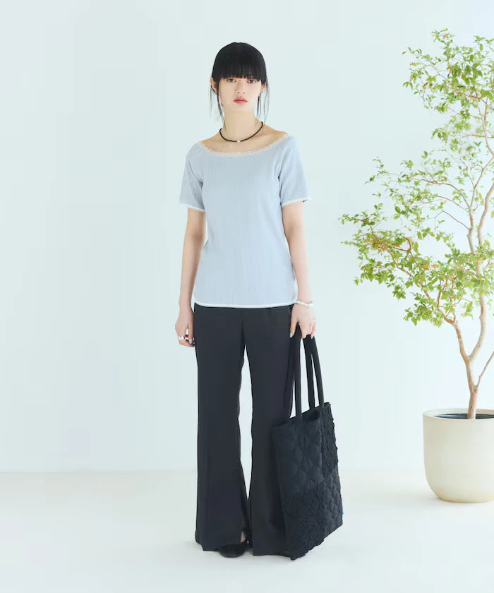 Boat Neck Pullover Knit Lace T-Shirt