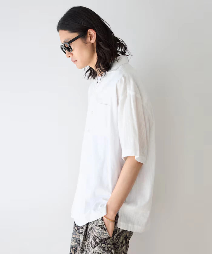 Jacquard Relaxed Fit Open Collar Short Sleeve Shirt Semi-Sheer Dobby Weave