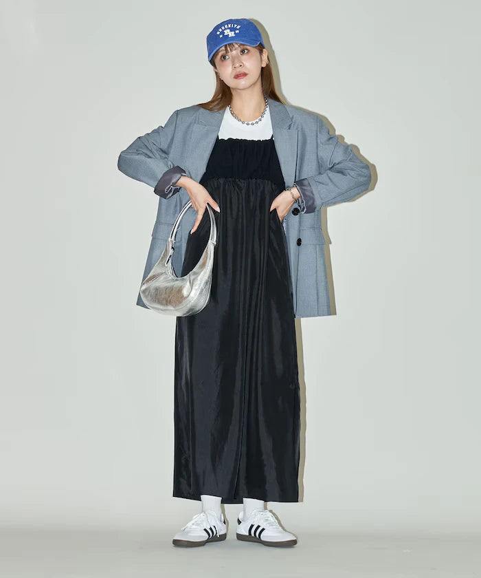 Mixed Material Shirring Satin Dress Limited Release