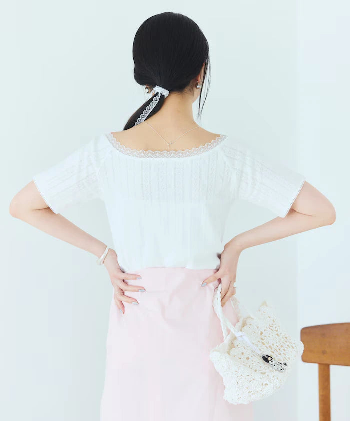 Boat Neck Pullover Knit Lace T-Shirt