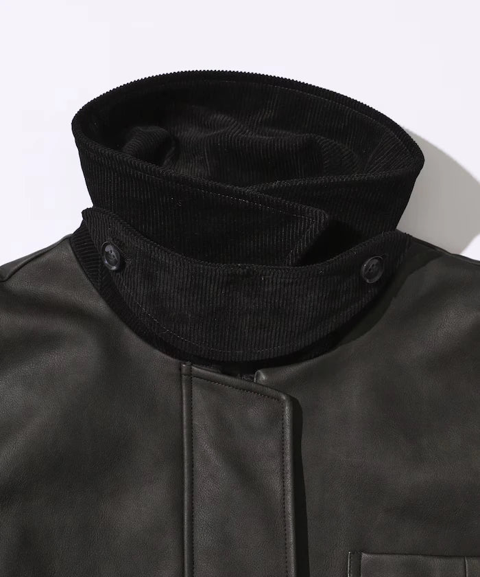 Oversized Crush Leatherette Jacket / Collar Corduroy