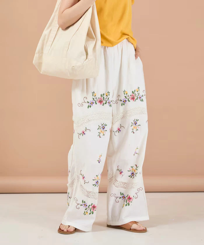 India Flower Cross Embroidery Lace Pants