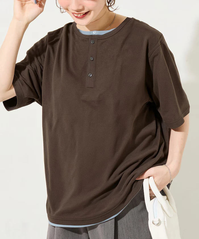 Fake Layered Henry Neck Cut-and-sew Short Sleeve T-shirt [Limited Edition]