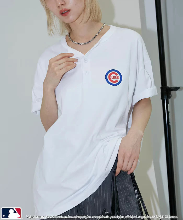 Limited Edition MLB Logo Print Henley Neck Oversized T-Shirt