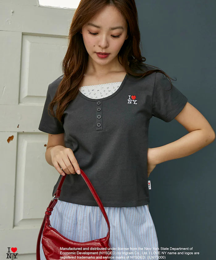 I LOVE NY Floral Pattern Layered Style Henley Neck T-Shirt Limited Edition