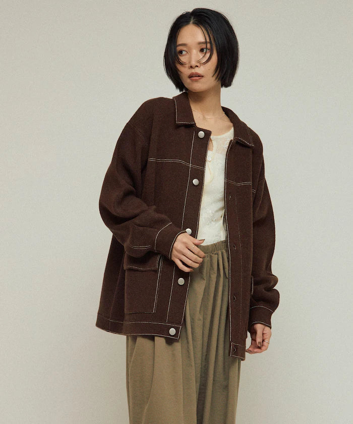 Oversized Wool Blend Knit Coverall / Color Stitch Knit Jacket