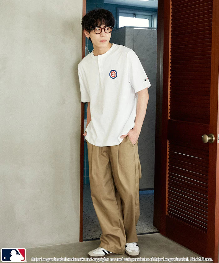 Limited Edition MLB Logo Print Henley Neck Oversized T-Shirt