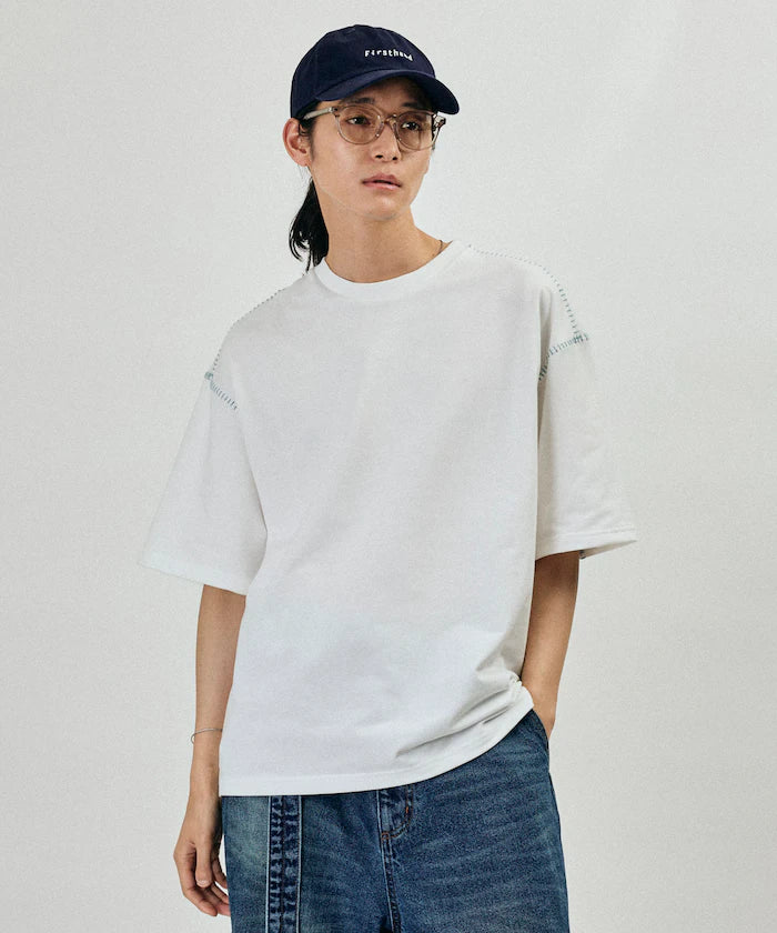 Box Silhouette Contrast Ladder Stitch Crew Neck T-Shirt