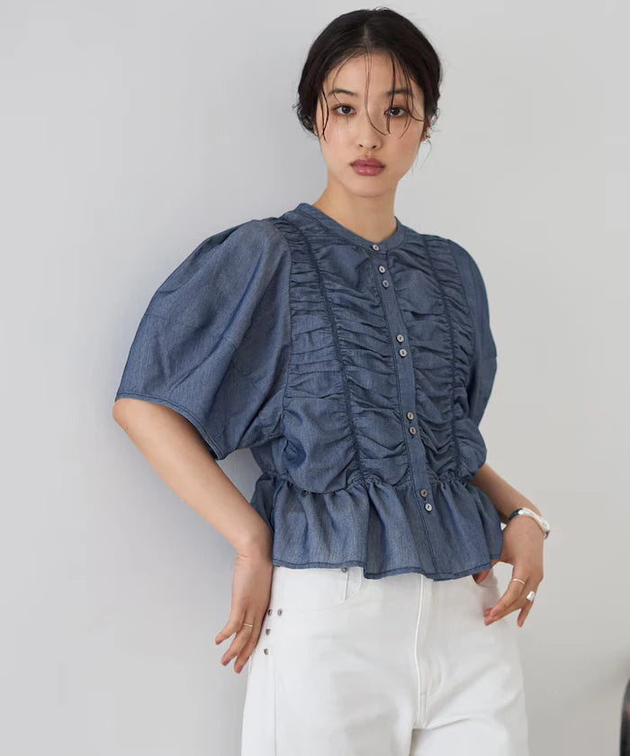 Sheer Shirring Volume Sleeve Blouse / 5 Short Sleeves