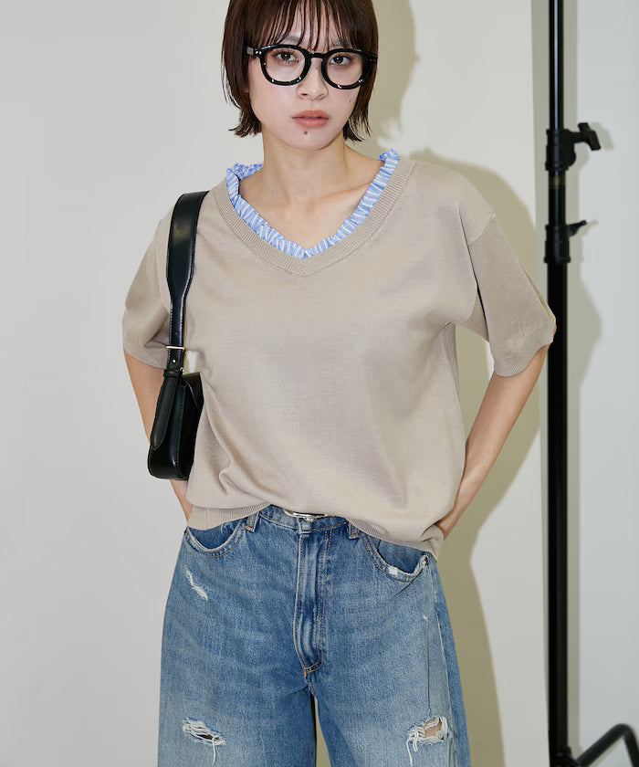 Shirt Frill V-Neck Half Sleeve Summer Knit Limited Edition