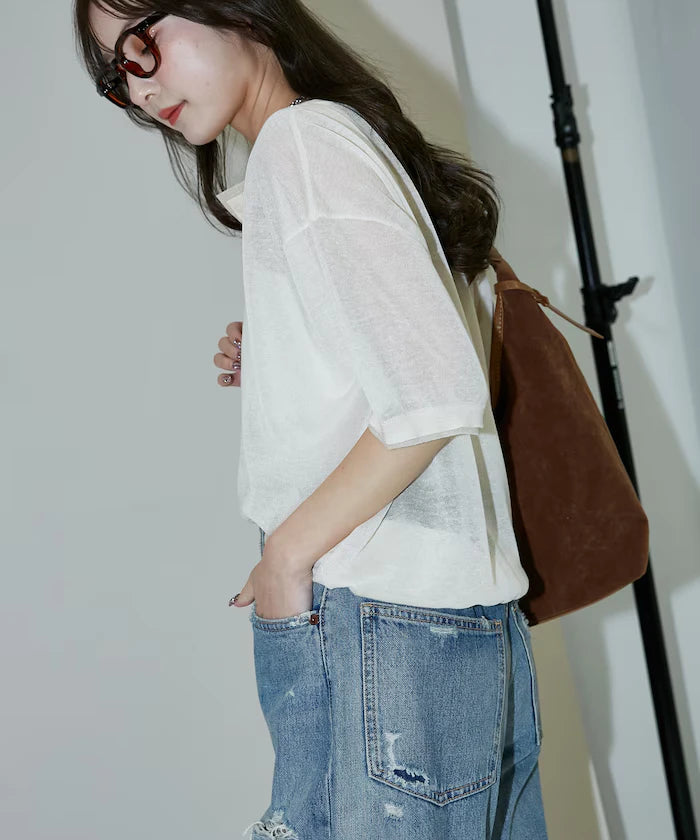 Washable linen color block henley neck knit top limited release