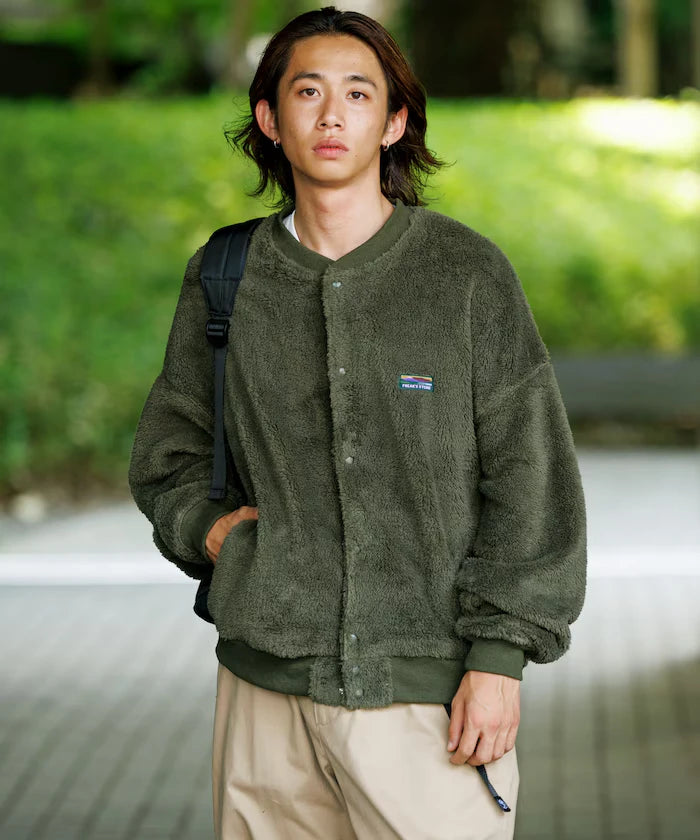 Relaxed Fit Shaggy Fleece Crew Neck Cardigan