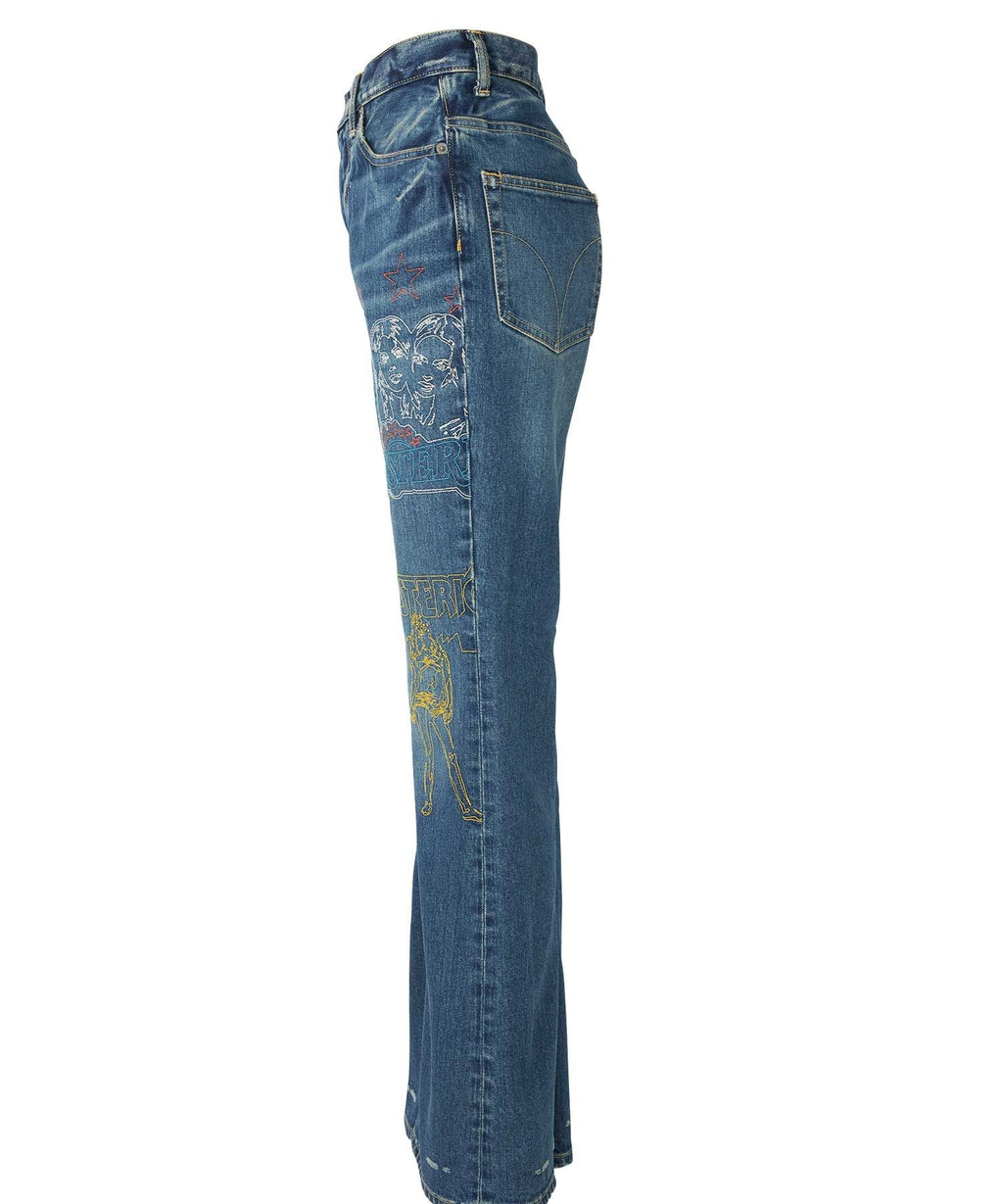 Hysteric Woman Scratch Stitch Embroidered Denim Flare Pants