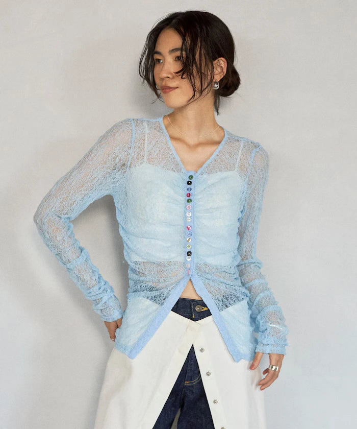 Many Button Lace Shirring Cardigan