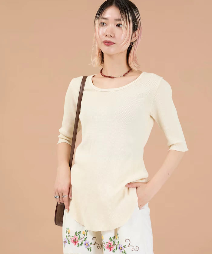 Ribbon Tied 2WAY Waffle 5 Sleeve T-Shirt