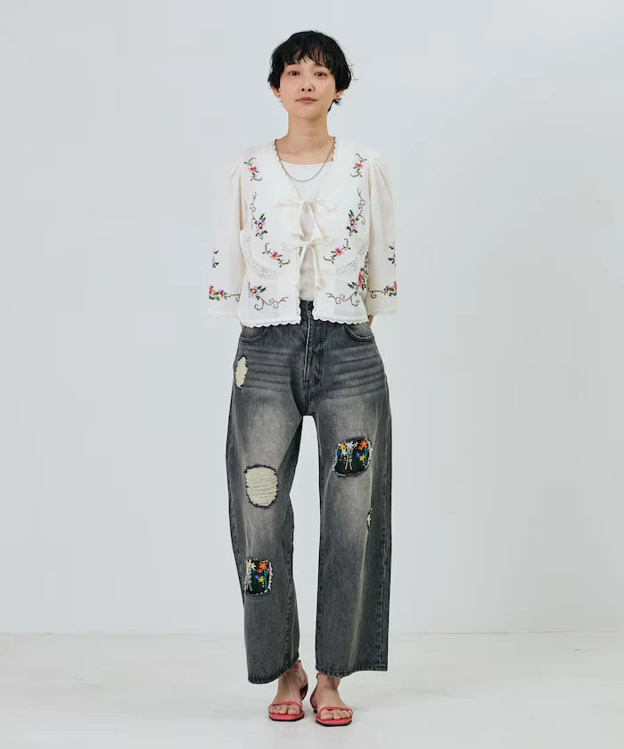 Flower Embroidery Wide Denim