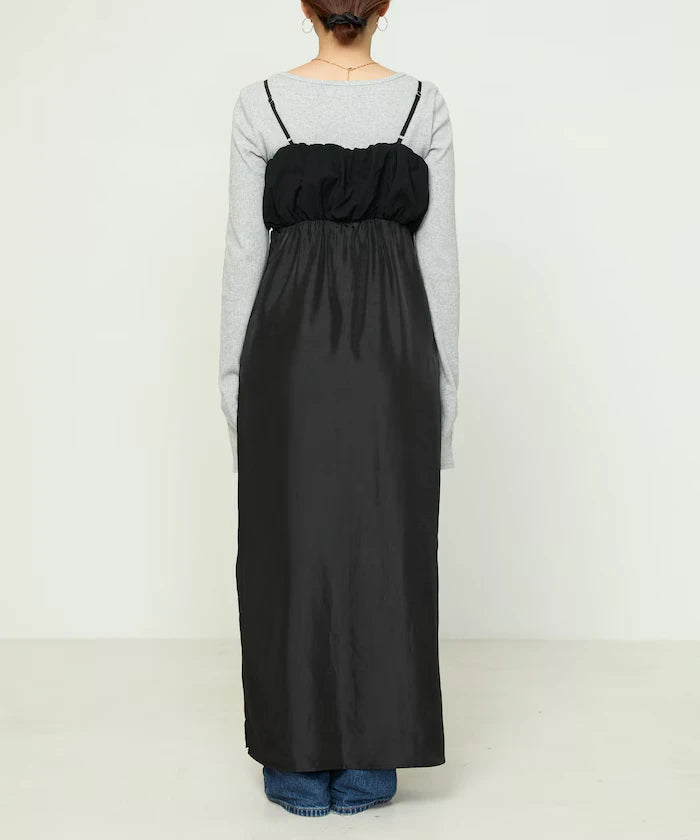 Mixed Material Shirring Satin Dress Limited Release
