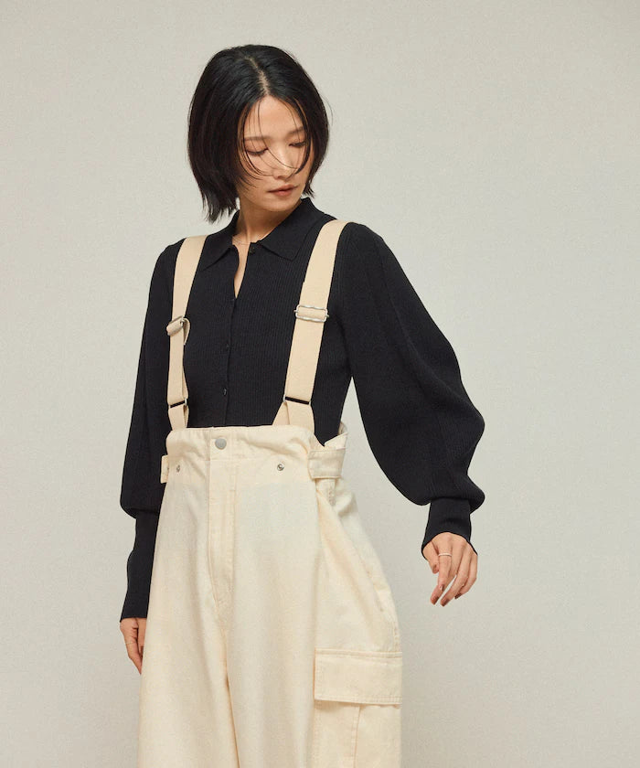 Functional material silk blend knit polo volume sleeve knit cardigan / anti-pill / machine washable