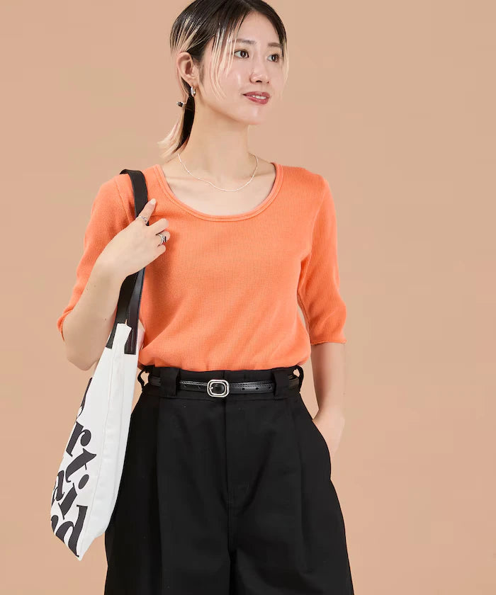 Ribbon Tied 2WAY Waffle 5 Sleeve T-Shirt