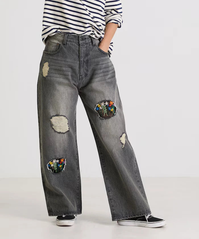 Flower Embroidery Wide Denim