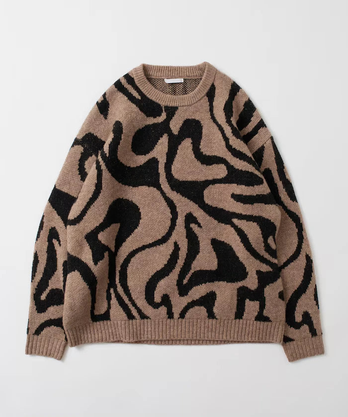 All-over Pattern Double Jacquard Knit Crew Neck Pullover / Relaxed Fit