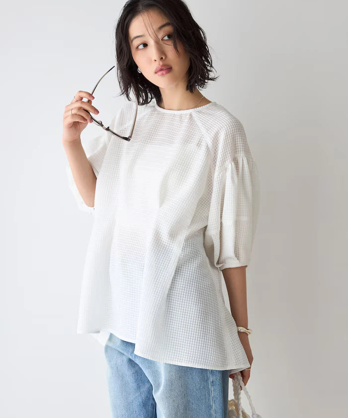 Sheer Check Balloon Sleeve Blouse