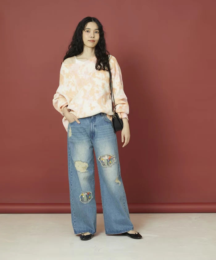 Flower Embroidery Wide Denim