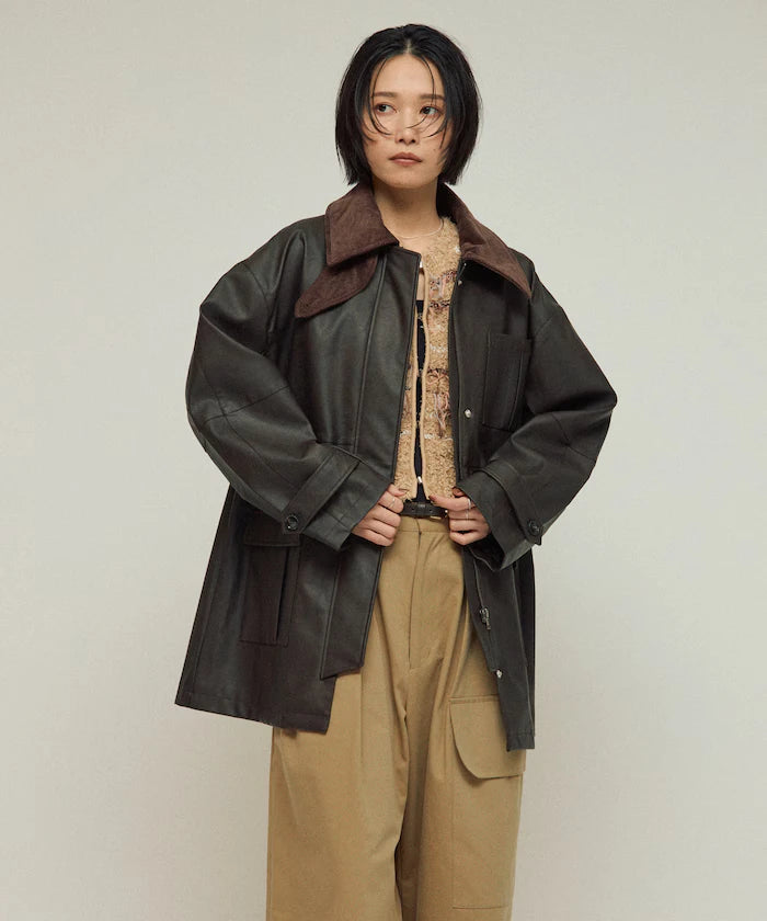 Oversized Crush Leatherette Jacket / Collar Corduroy