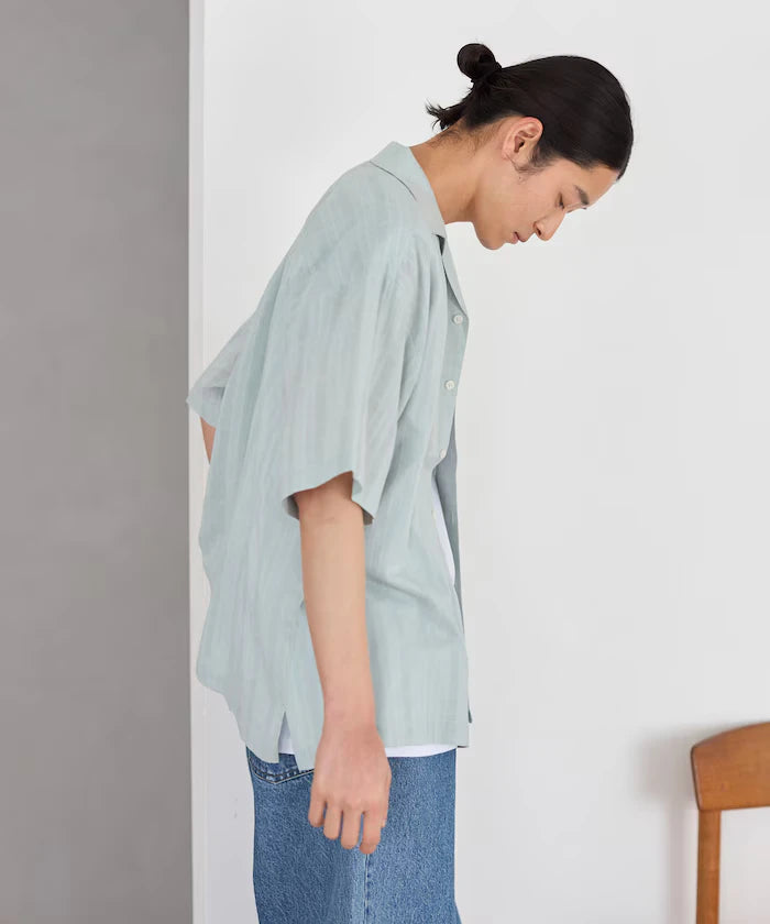 Jacquard Relaxed Fit Open Collar Short Sleeve Shirt Semi-Sheer Dobby Weave