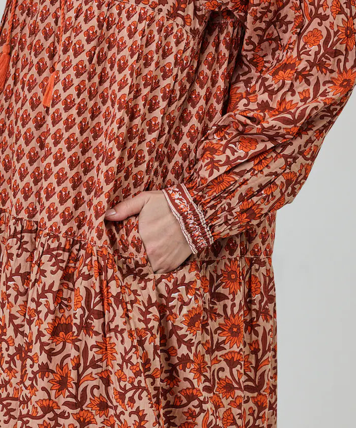 India Flower Print 4-Tiered Dress