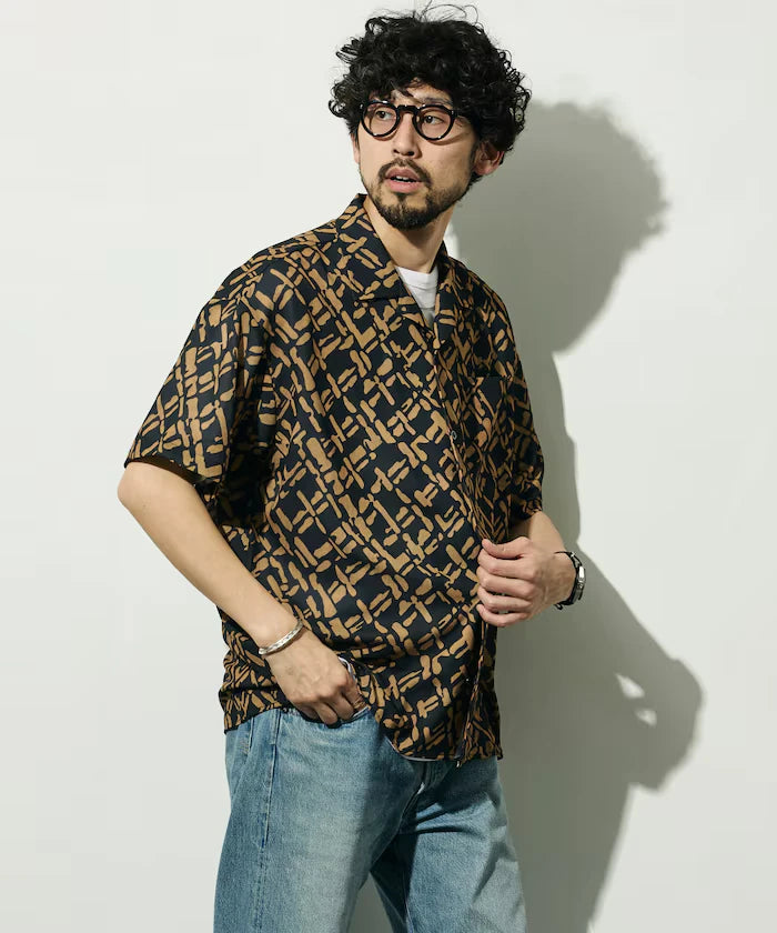 Mesh Open Collar Pattern Short Sleeve Shirt / Allover Design Open Collar Shirt / Big Silhouette
