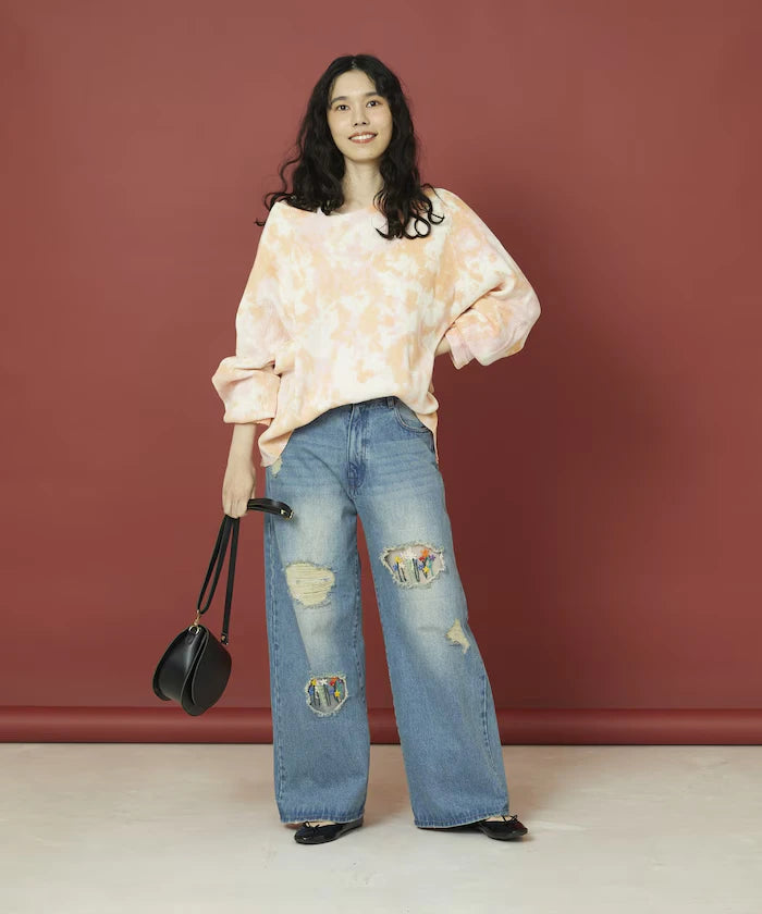 Flower Embroidery Wide Denim