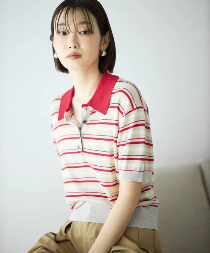 Relaxed Fit Color Design Polo Knit / Bicolor / Multi Stripe