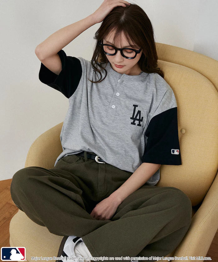 Limited Edition MLB Logo Print Henley Neck Oversized T-Shirt