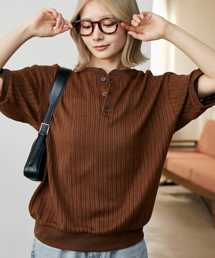 LOVE POP STUDIO Pattern Mesh Henley Neck T-Shirt Limited Release