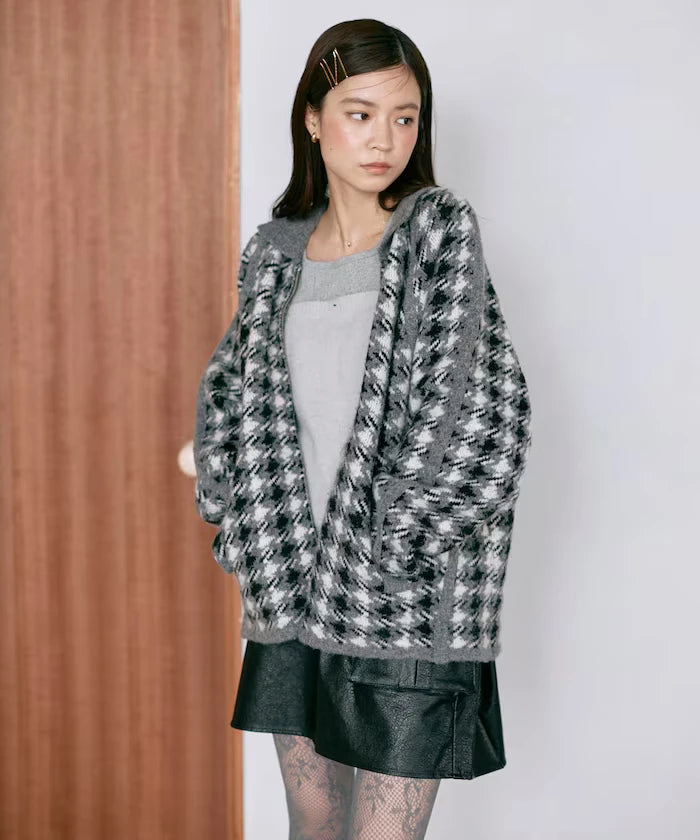 Wool Blend Gancube Check Knit Zip Blouson