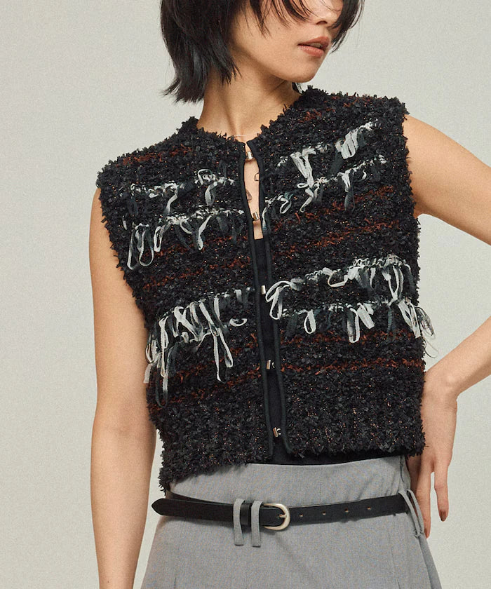 Mixed Material Fringe Knit Vest / Striped Knit Gilet