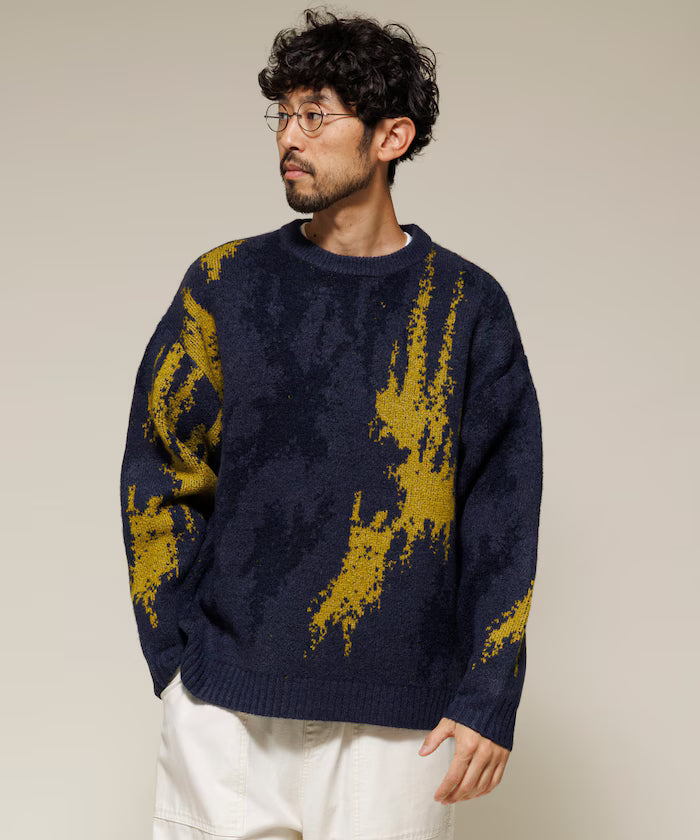 All-over Pattern Double Jacquard Knit Crew Neck Pullover / Relaxed Fit
