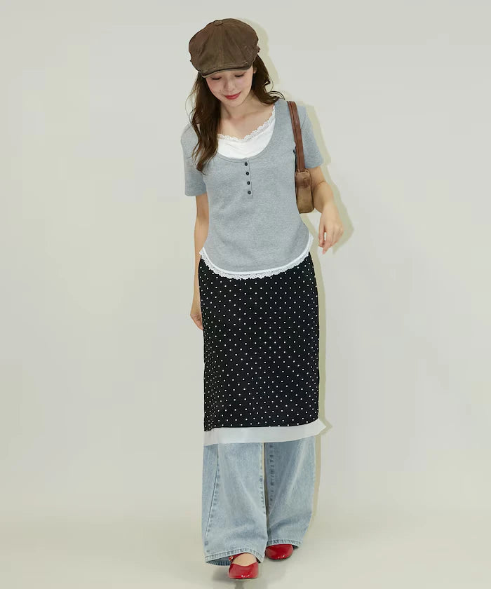 Short Sleeve Lace Layered Style Henley Neck T-Shirt Limited Edition