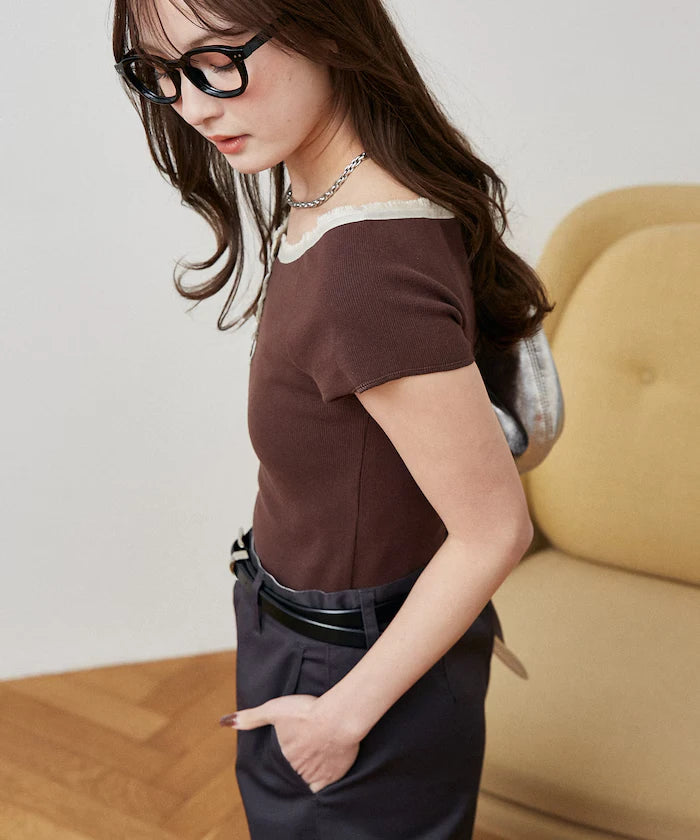Collar Lace Contrast Henry Rib T-Shirt